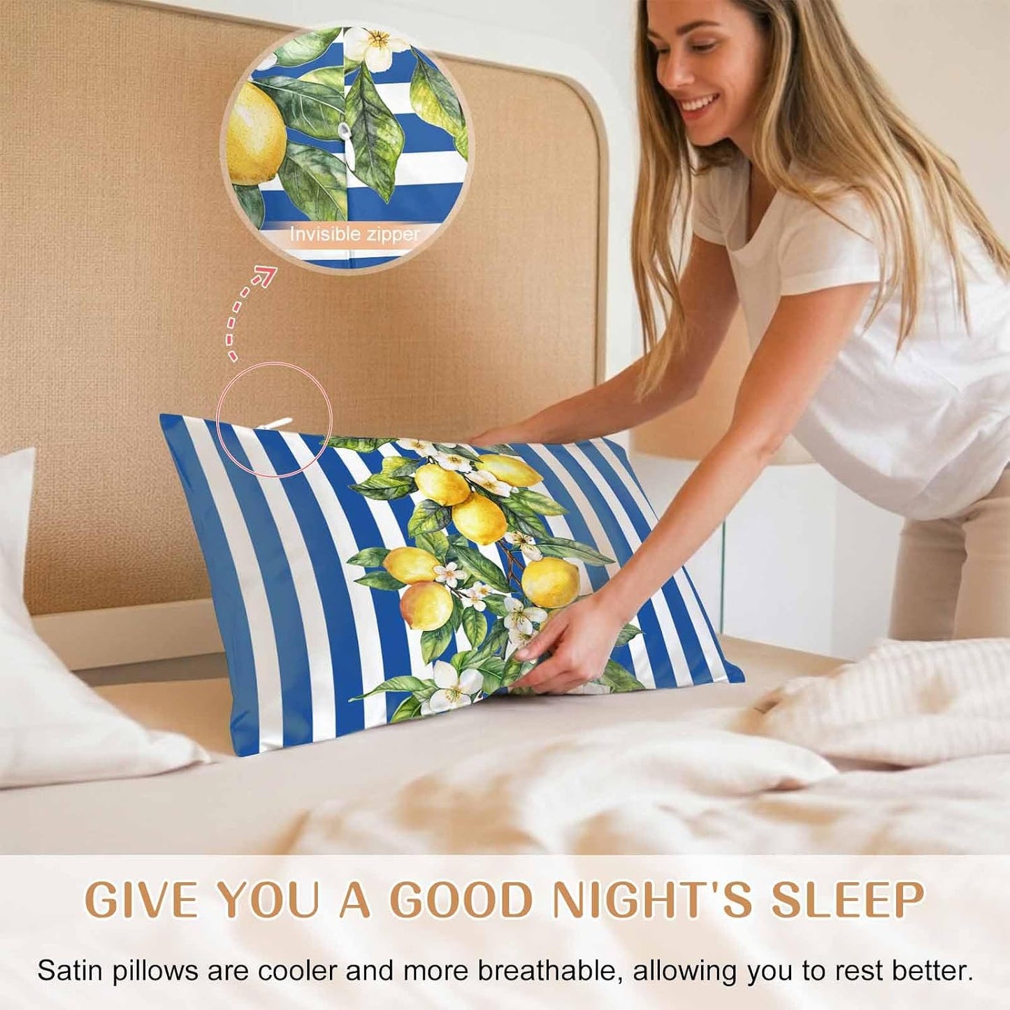 Yellow Lemon Floral Standard Pillowcase Set of 2, Blue Stripe Satin Pillow Case Cover with Smooth Hidden Zipper Closure, Soft Throw Pillow Covers Cases for Home Decoration 20 X 26 Inches