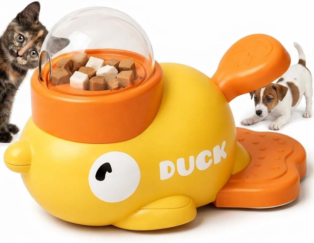 Interactive fuzzibud cat Treat Toy & Duck Treat Dispenser for Dogs - Slow Feeder cat Feeder Puzzle for Boredom Relief, Puzzle Toy with 3 Lids (Little Yellow Duck Food Spiller)