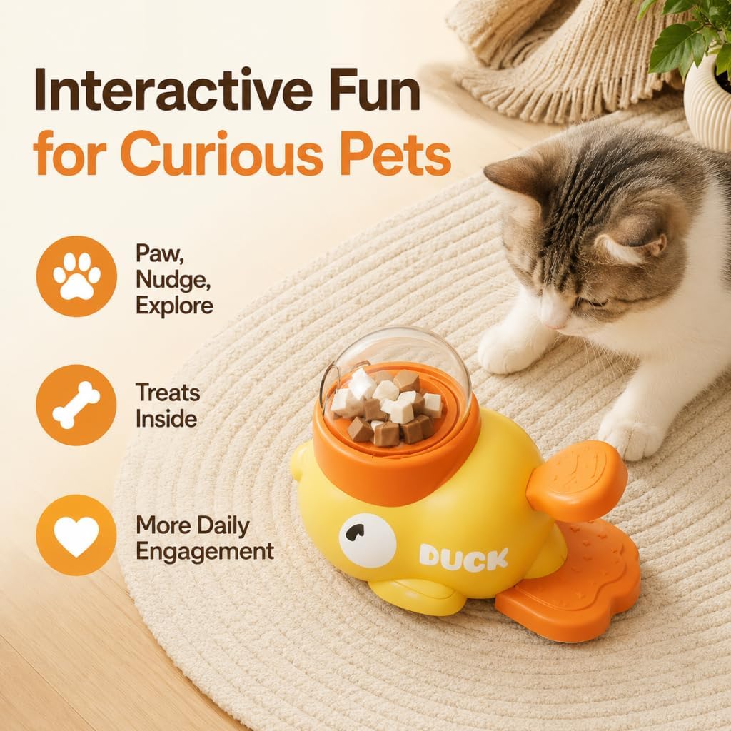 Interactive fuzzibud cat Treat Toy & Duck Treat Dispenser for Dogs - Slow Feeder cat Feeder Puzzle for Boredom Relief, Puzzle Toy with 3 Lids (Little Yellow Duck Food Spiller)