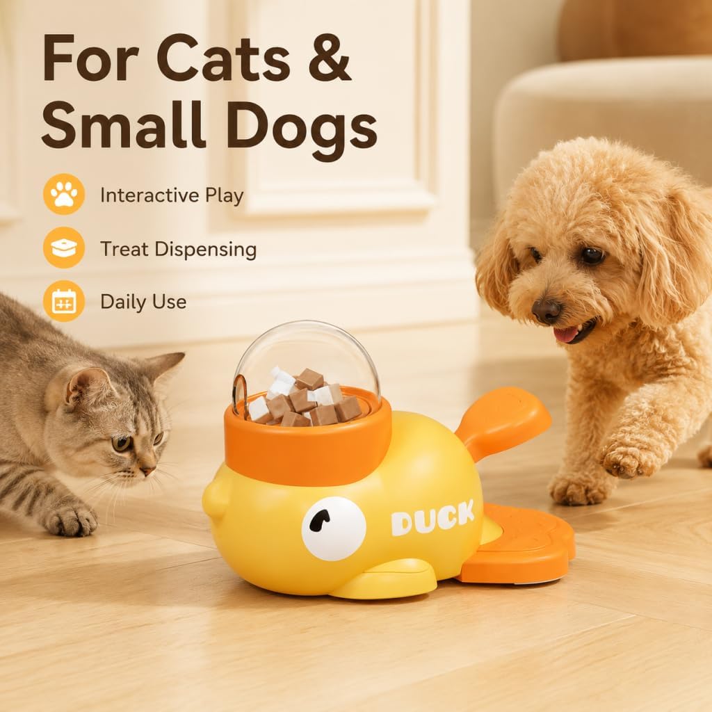 Interactive fuzzibud cat Treat Toy & Duck Treat Dispenser for Dogs - Slow Feeder cat Feeder Puzzle for Boredom Relief, Puzzle Toy with 3 Lids (Little Yellow Duck Food Spiller)