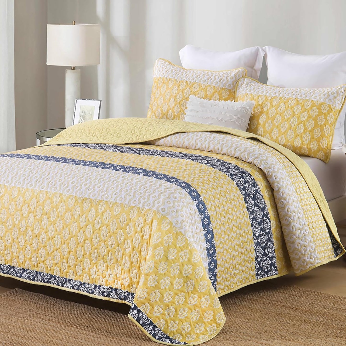 Boho Quilt Set Queen Size Yellow Striped Bedspread Lightweight Soft Microfiber Bedding Set 96"x90" (3 Pieces)