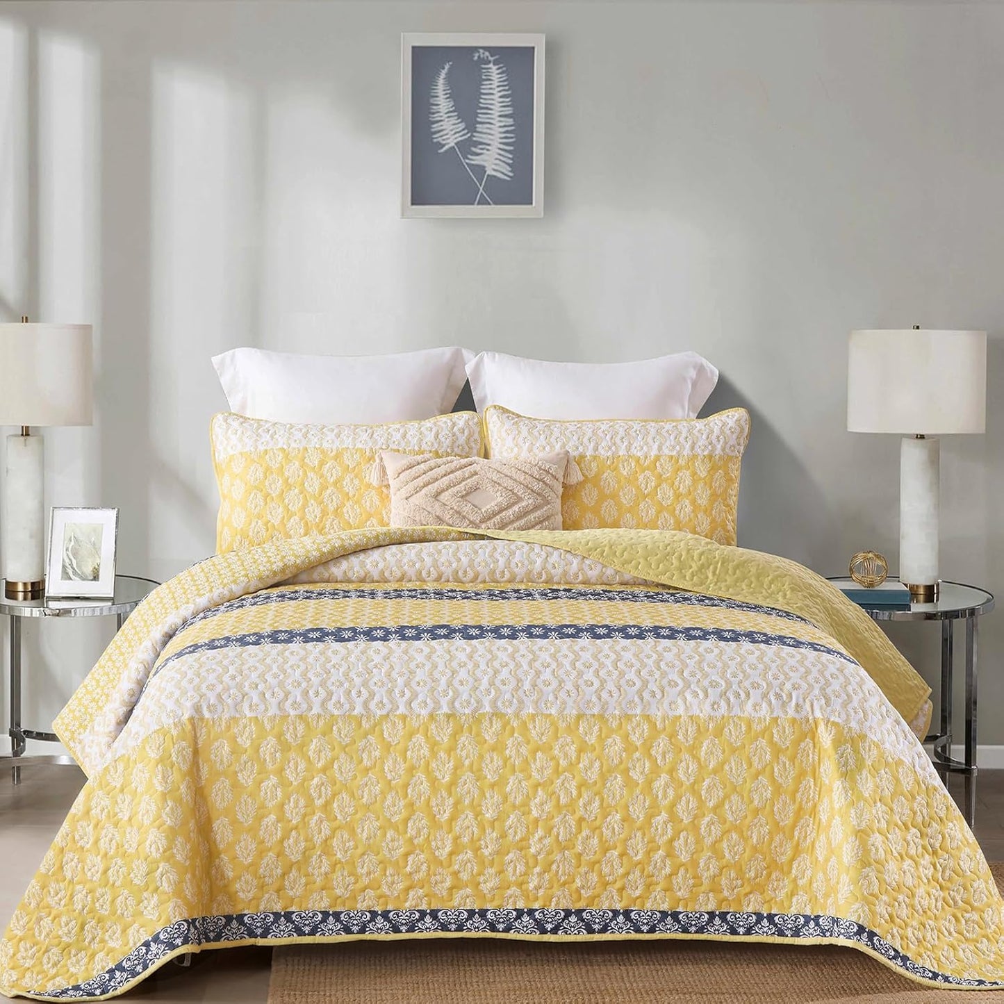 Boho Quilt Set Queen Size Yellow Striped Bedspread Lightweight Soft Microfiber Bedding Set 96"x90" (3 Pieces)
