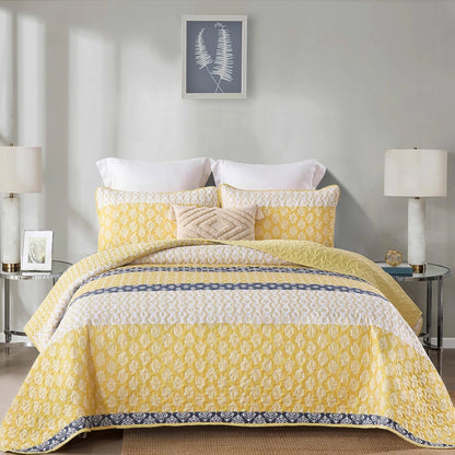 Boho Quilt Set Queen Size Yellow Striped Bedspread Lightweight Soft Microfiber Bedding Set 96"x90" (3 Pieces)
