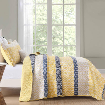 Boho Quilt Set Queen Size Yellow Striped Bedspread Lightweight Soft Microfiber Bedding Set 96"x90" (3 Pieces)