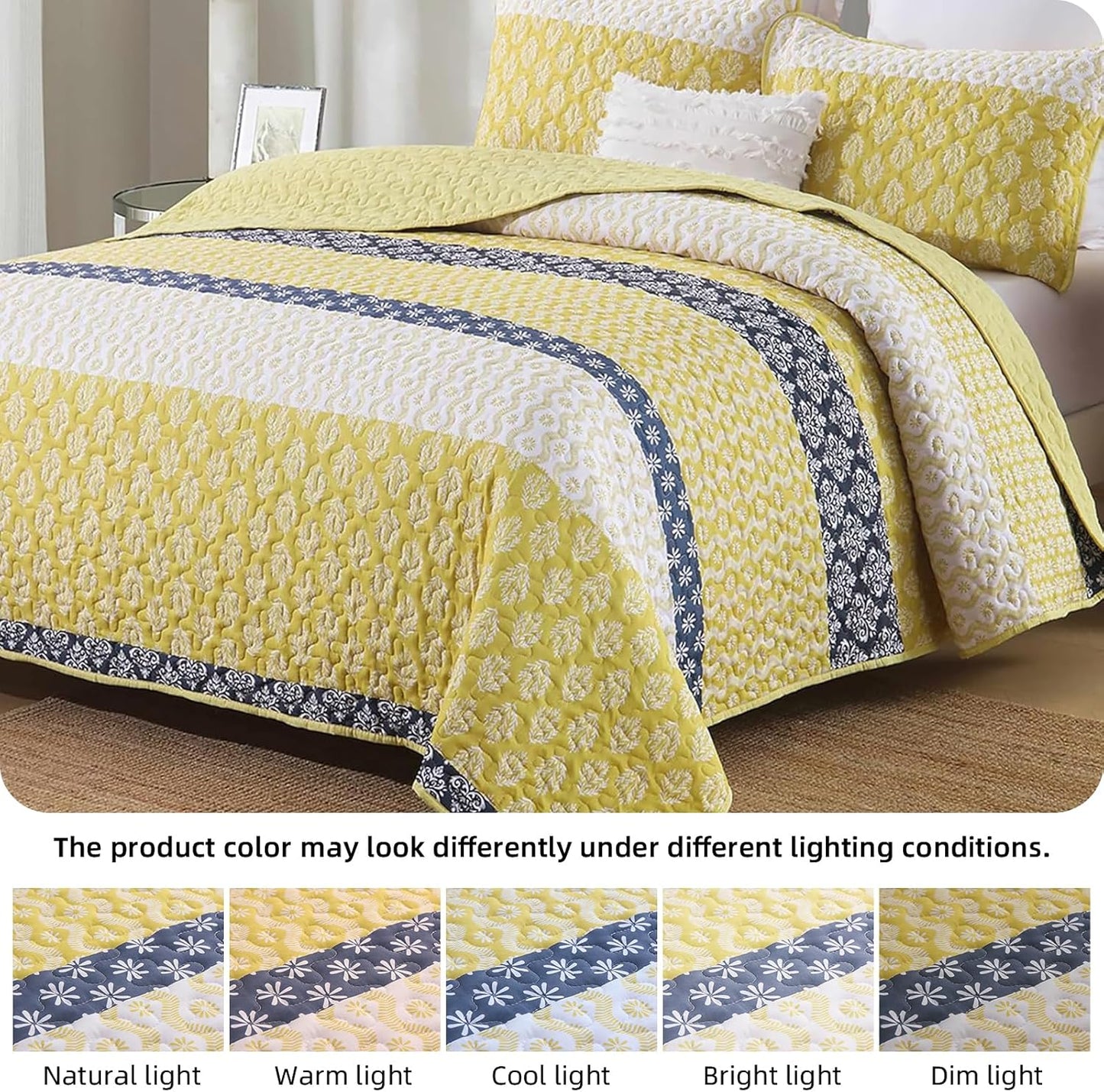 Boho Quilt Set Queen Size Yellow Striped Bedspread Lightweight Soft Microfiber Bedding Set 96"x90" (3 Pieces)