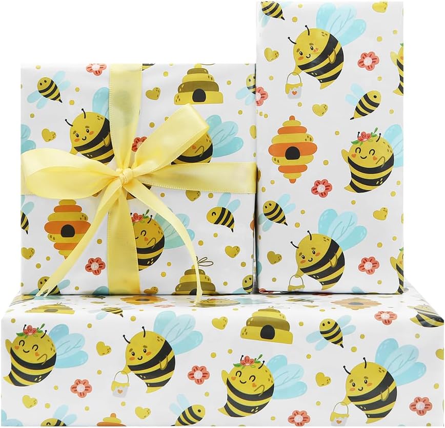 Bee Gift Wrapping Paper for Kids Girls Boys, 4 Sheet Cute Honey Bee Honeycomb Flower Birthday Paper Folded Flat 28 x 20 Inches per Sheet with Ribbon for Baby Shower Birthday Spring Summer Holiday