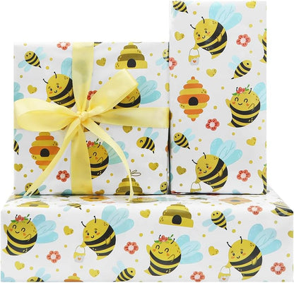 Bee Gift Wrapping Paper for Kids Girls Boys, 4 Sheet Cute Honey Bee Honeycomb Flower Birthday Paper Folded Flat 28 x 20 Inches per Sheet with Ribbon for Baby Shower Birthday Spring Summer Holiday