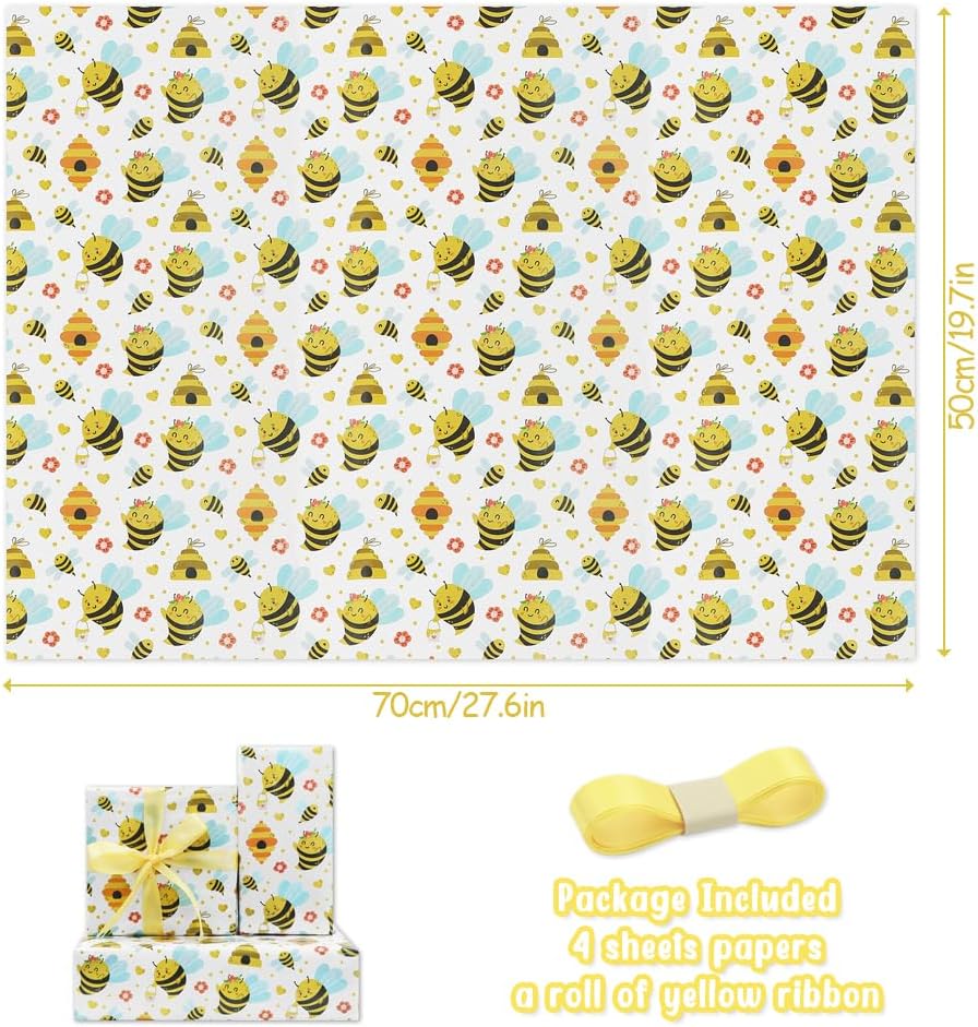 Bee Gift Wrapping Paper for Kids Girls Boys, 4 Sheet Cute Honey Bee Honeycomb Flower Birthday Paper Folded Flat 28 x 20 Inches per Sheet with Ribbon for Baby Shower Birthday Spring Summer Holiday