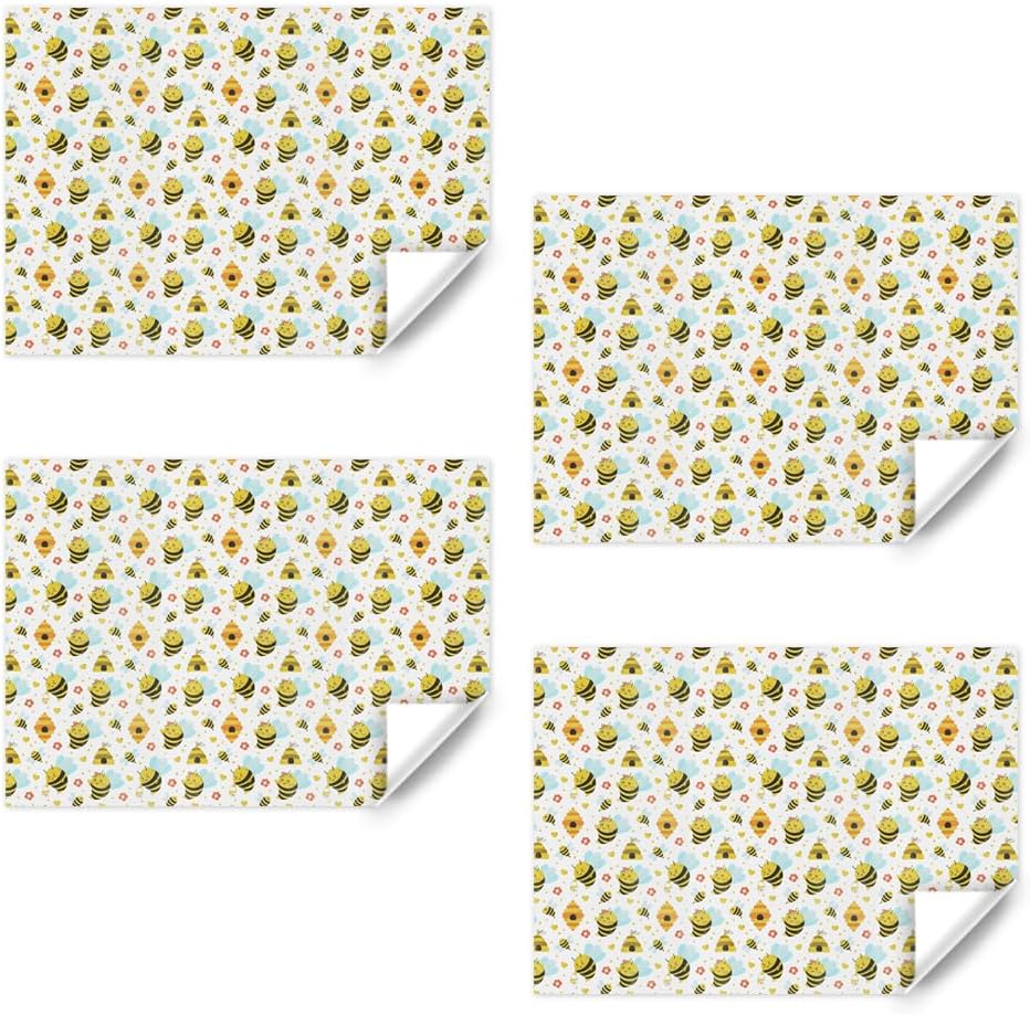 Bee Gift Wrapping Paper for Kids Girls Boys, 4 Sheet Cute Honey Bee Honeycomb Flower Birthday Paper Folded Flat 28 x 20 Inches per Sheet with Ribbon for Baby Shower Birthday Spring Summer Holiday