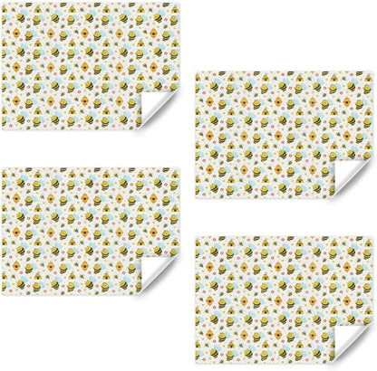 Bee Gift Wrapping Paper for Kids Girls Boys, 4 Sheet Cute Honey Bee Honeycomb Flower Birthday Paper Folded Flat 28 x 20 Inches per Sheet with Ribbon for Baby Shower Birthday Spring Summer Holiday