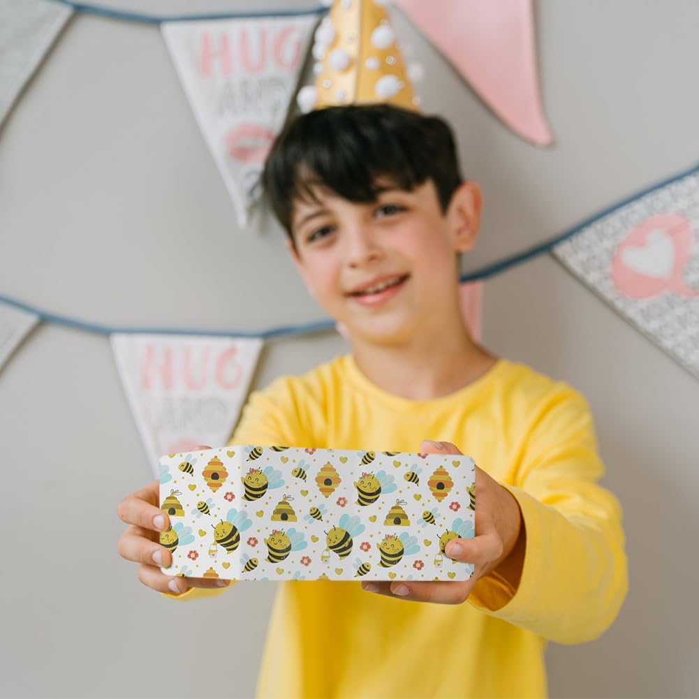 Bee Gift Wrapping Paper for Kids Girls Boys, 4 Sheet Cute Honey Bee Honeycomb Flower Birthday Paper Folded Flat 28 x 20 Inches per Sheet with Ribbon for Baby Shower Birthday Spring Summer Holiday