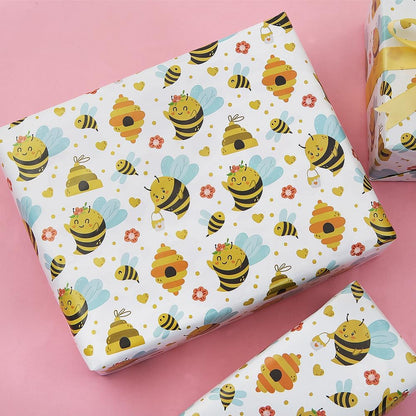 Bee Gift Wrapping Paper for Kids Girls Boys, 4 Sheet Cute Honey Bee Honeycomb Flower Birthday Paper Folded Flat 28 x 20 Inches per Sheet with Ribbon for Baby Shower Birthday Spring Summer Holiday