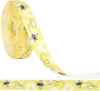 10 Yards 3/8 Inch Yellow Bee Ribbon White Polyester Bees Pattern Print Ribbon Spring Printed Grosgrain Fabric Ribbons Thin Bulk Roll for Sewing Making Crafts Wreaths Home Party Decor Supply