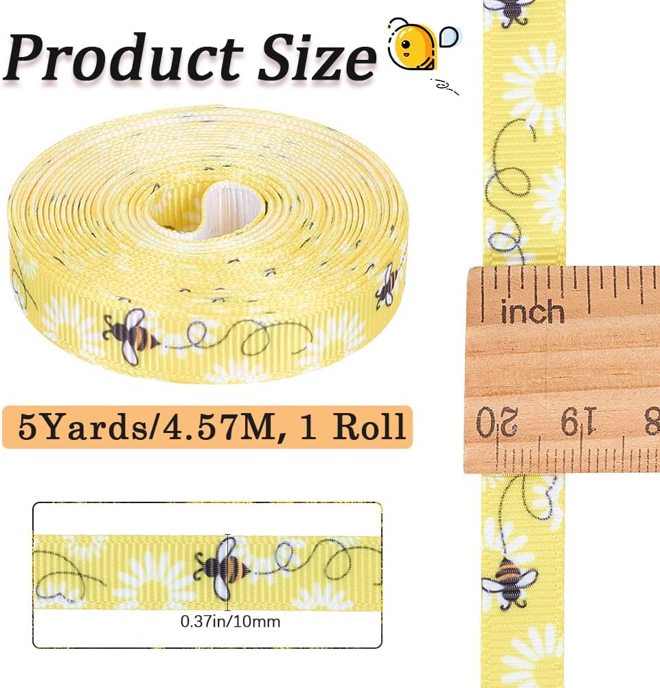 10 Yards 3/8 Inch Yellow Bee Ribbon White Polyester Bees Pattern Print Ribbon Spring Printed Grosgrain Fabric Ribbons Thin Bulk Roll for Sewing Making Crafts Wreaths Home Party Decor Supply
