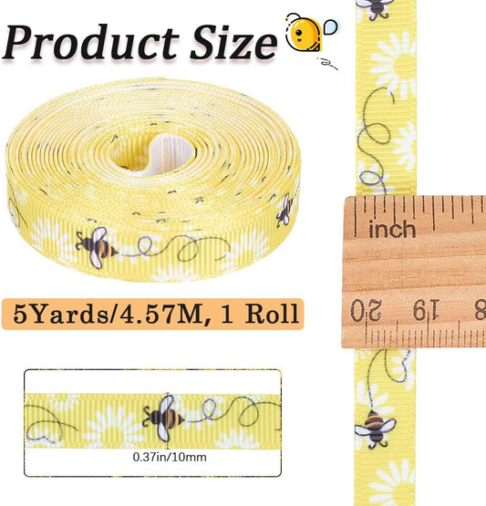 10 Yards 3/8 Inch Yellow Bee Ribbon White Polyester Bees Pattern Print Ribbon Spring Printed Grosgrain Fabric Ribbons Thin Bulk Roll for Sewing Making Crafts Wreaths Home Party Decor Supply