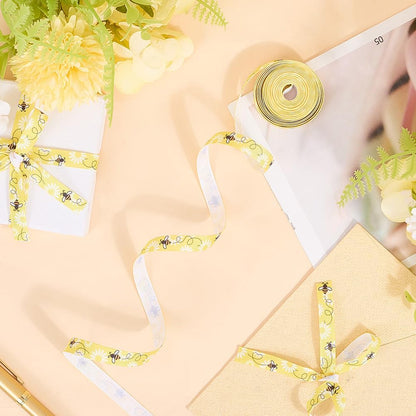 10 Yards 3/8 Inch Yellow Bee Ribbon White Polyester Bees Pattern Print Ribbon Spring Printed Grosgrain Fabric Ribbons Thin Bulk Roll for Sewing Making Crafts Wreaths Home Party Decor Supply