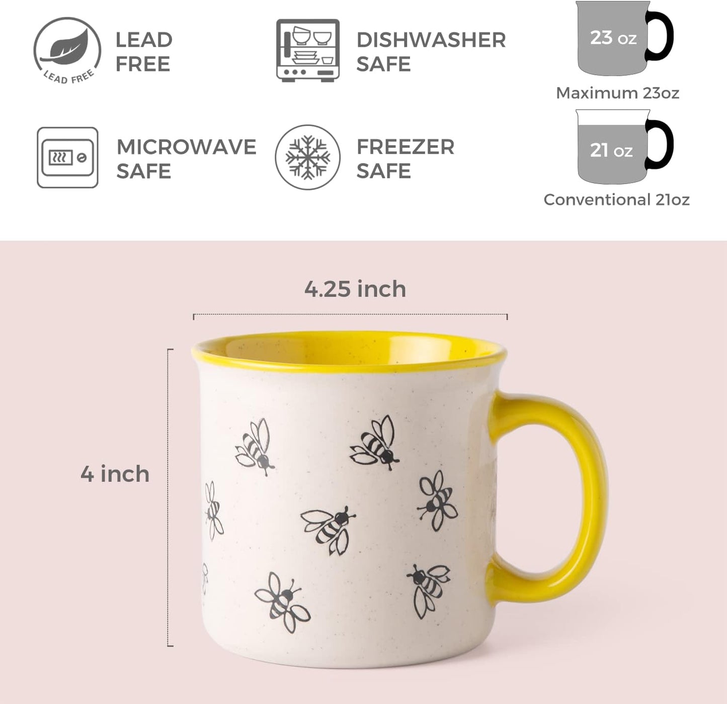 22 OZ Large Ceramic Coffee Mugs, Oversized Soup Cups With Big Handle for Men Women Dad Mom, Big Mug With Textured Bees Patterns for Office & Home -Microwave Safe, 2 Pcs