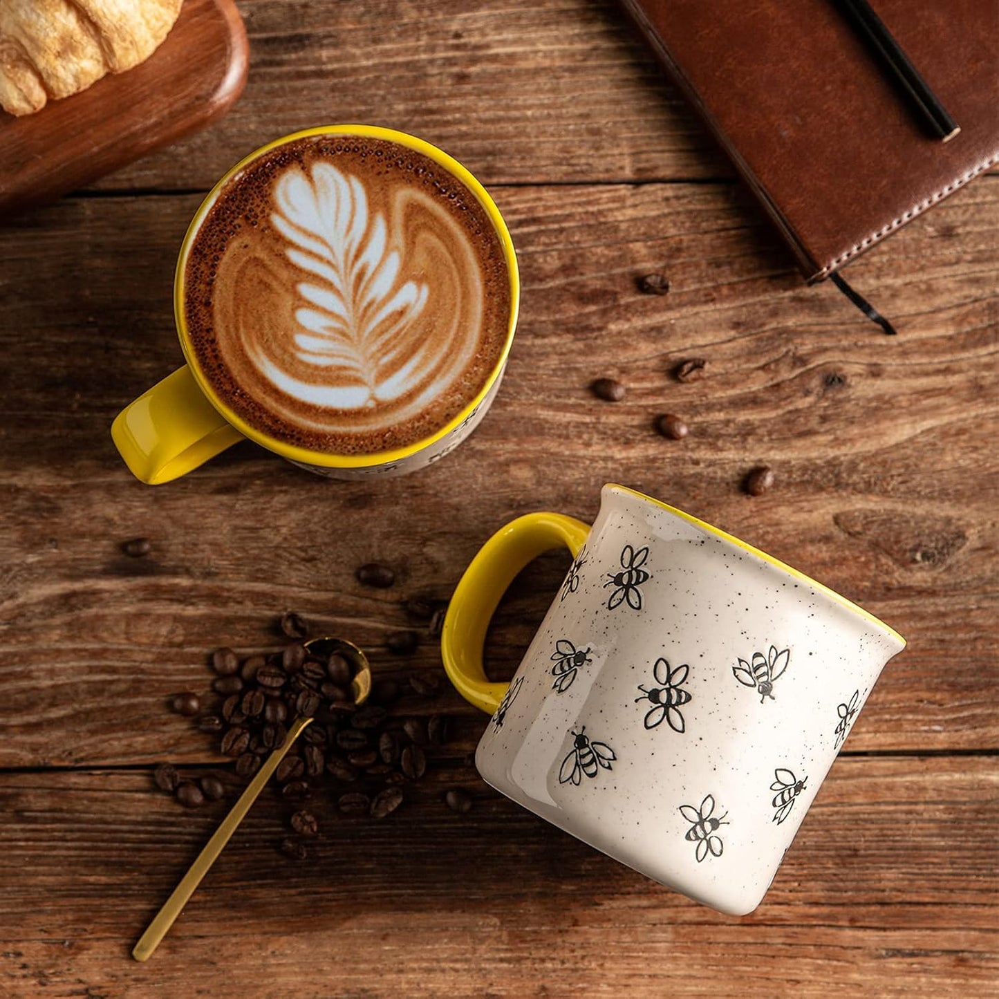 22 OZ Large Ceramic Coffee Mugs, Oversized Soup Cups With Big Handle for Men Women Dad Mom, Big Mug With Textured Bees Patterns for Office & Home -Microwave Safe, 2 Pcs