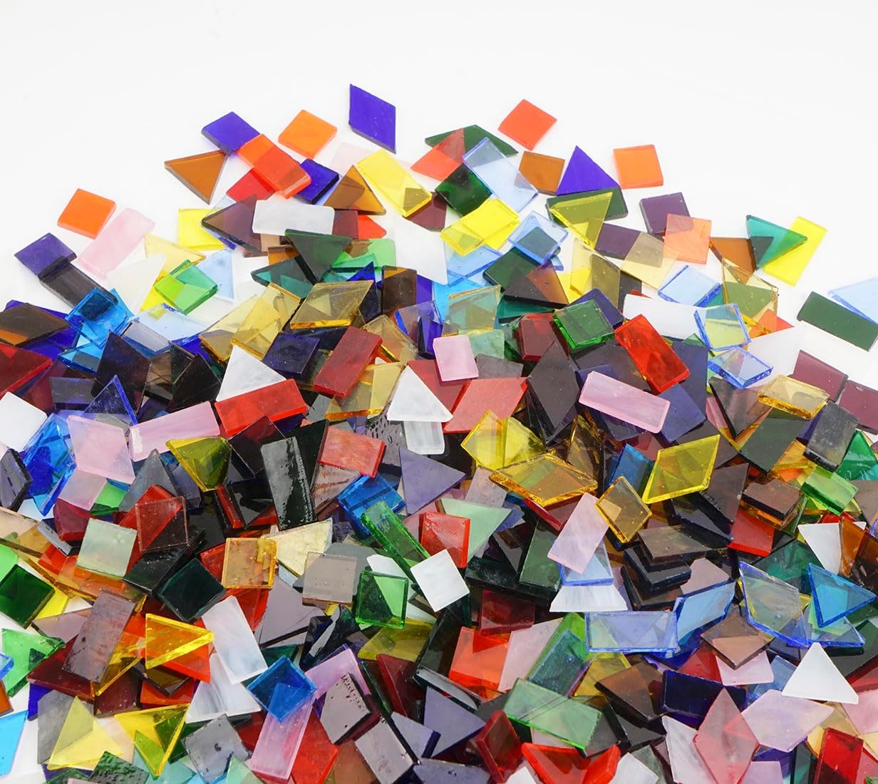410 Large Transparent Stained Glass Mosaic Tiles, Vibrant Mixed Shapes for Art & Crafts, Cathedral Colorful Glass Pieces, 1.2 Pounds