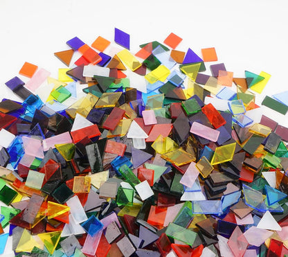 410 Large Transparent Stained Glass Mosaic Tiles, Vibrant Mixed Shapes for Art & Crafts, Cathedral Colorful Glass Pieces, 1.2 Pounds