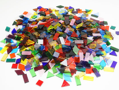410 Large Transparent Stained Glass Mosaic Tiles, Vibrant Mixed Shapes for Art & Crafts, Cathedral Colorful Glass Pieces, 1.2 Pounds