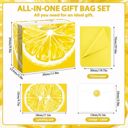 Lemon Gift Bag Set Citrus Summer Fruit Themed All-in-One Gift Wrapping Kit with Greeting Card, Sticker, Envelope and Tissue Paper for Lemon Lovers, Summer Birthday, Bridal Shower Party Favors Decor