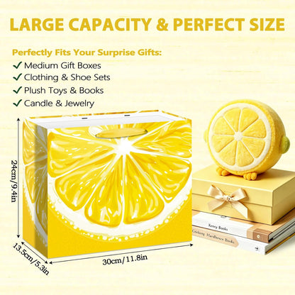 Lemon Gift Bag Set Citrus Summer Fruit Themed All-in-One Gift Wrapping Kit with Greeting Card, Sticker, Envelope and Tissue Paper for Lemon Lovers, Summer Birthday, Bridal Shower Party Favors Decor