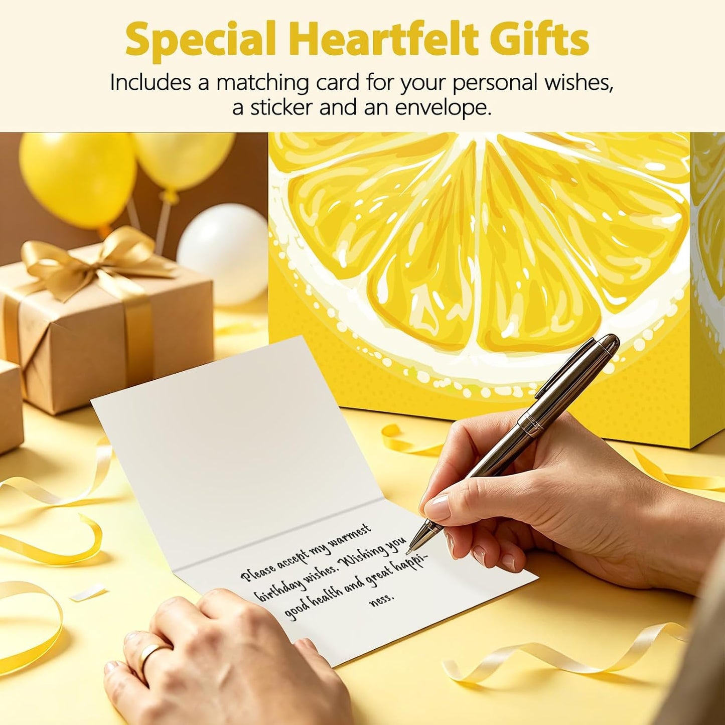 Lemon Gift Bag Set Citrus Summer Fruit Themed All-in-One Gift Wrapping Kit with Greeting Card, Sticker, Envelope and Tissue Paper for Lemon Lovers, Summer Birthday, Bridal Shower Party Favors Decor