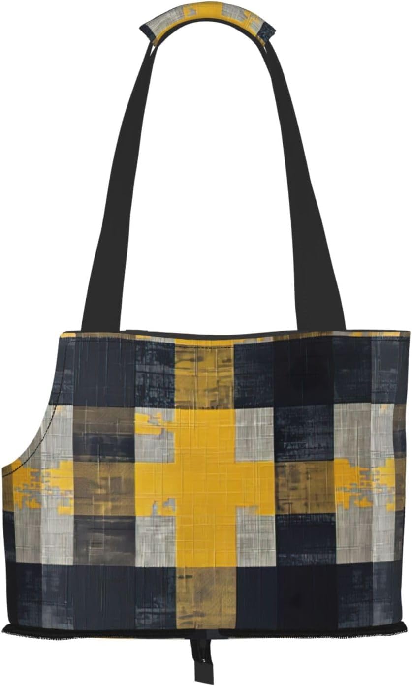 Yellow Gray Black Plaid Print Pet Tote Bag,Single Shoulder Carrier, Pet Travel Handbag For Small Dogs & Cats Outings