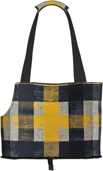 Yellow Gray Black Plaid Print Pet Tote Bag,Single Shoulder Carrier, Pet Travel Handbag For Small Dogs & Cats Outings