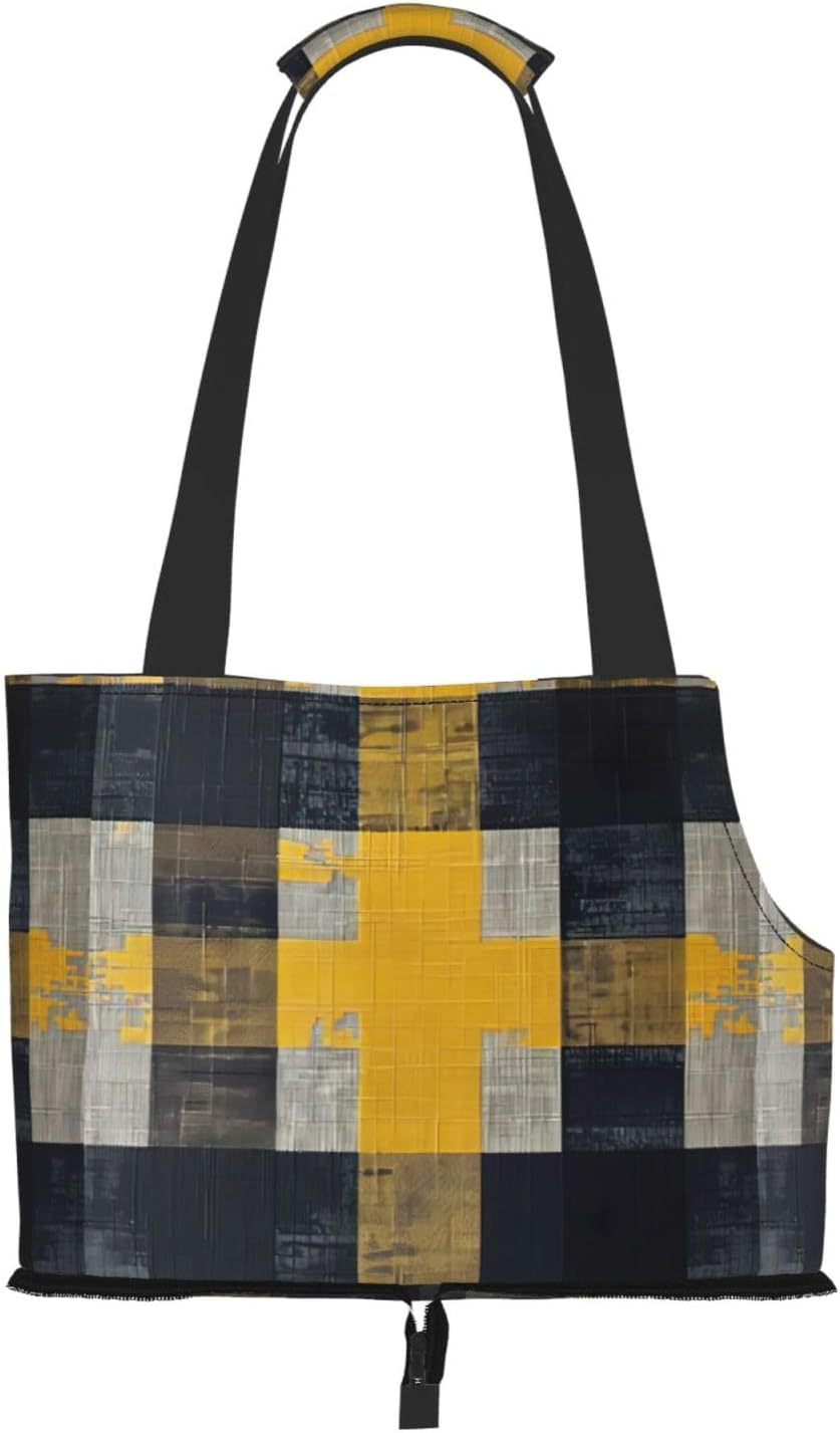 Yellow Gray Black Plaid Print Pet Tote Bag,Single Shoulder Carrier, Pet Travel Handbag For Small Dogs & Cats Outings
