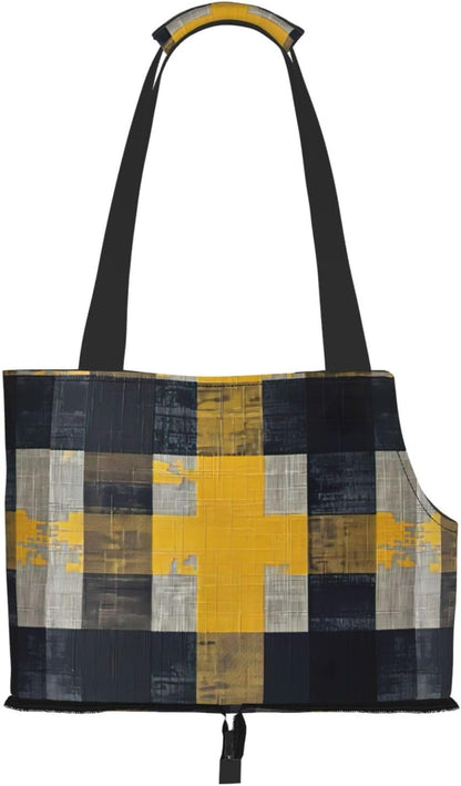 Yellow Gray Black Plaid Print Pet Tote Bag,Single Shoulder Carrier, Pet Travel Handbag For Small Dogs & Cats Outings
