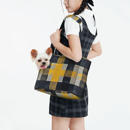 Yellow Gray Black Plaid Print Pet Tote Bag,Single Shoulder Carrier, Pet Travel Handbag For Small Dogs & Cats Outings