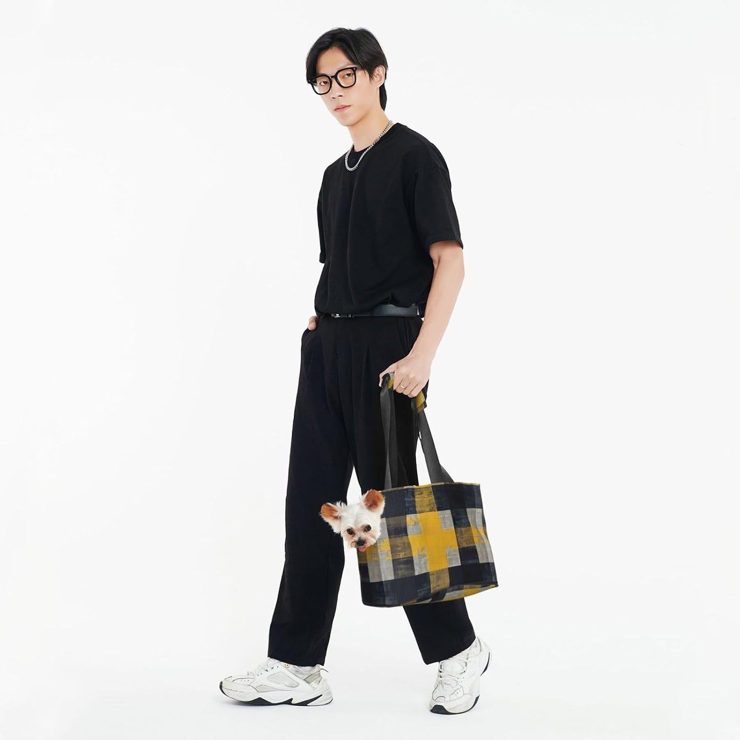 Yellow Gray Black Plaid Print Pet Tote Bag,Single Shoulder Carrier, Pet Travel Handbag For Small Dogs & Cats Outings