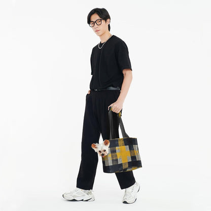 Yellow Gray Black Plaid Print Pet Tote Bag,Single Shoulder Carrier, Pet Travel Handbag For Small Dogs & Cats Outings