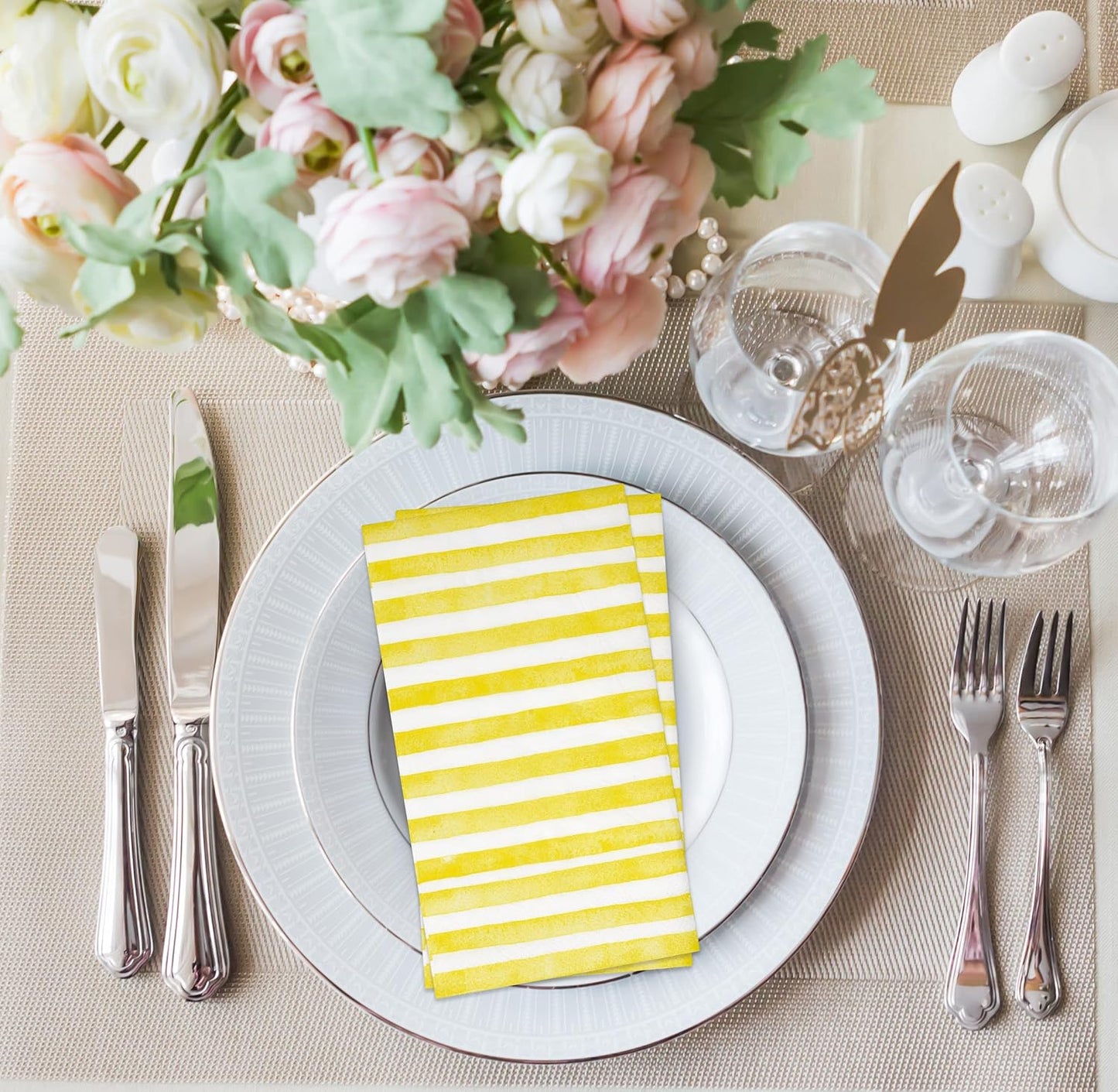 Yellow and White Striped Guest Napkins 100 Pack, 3 Ply Disposable Paper Hand Towels for Bathroom Spring Summer Party Decor