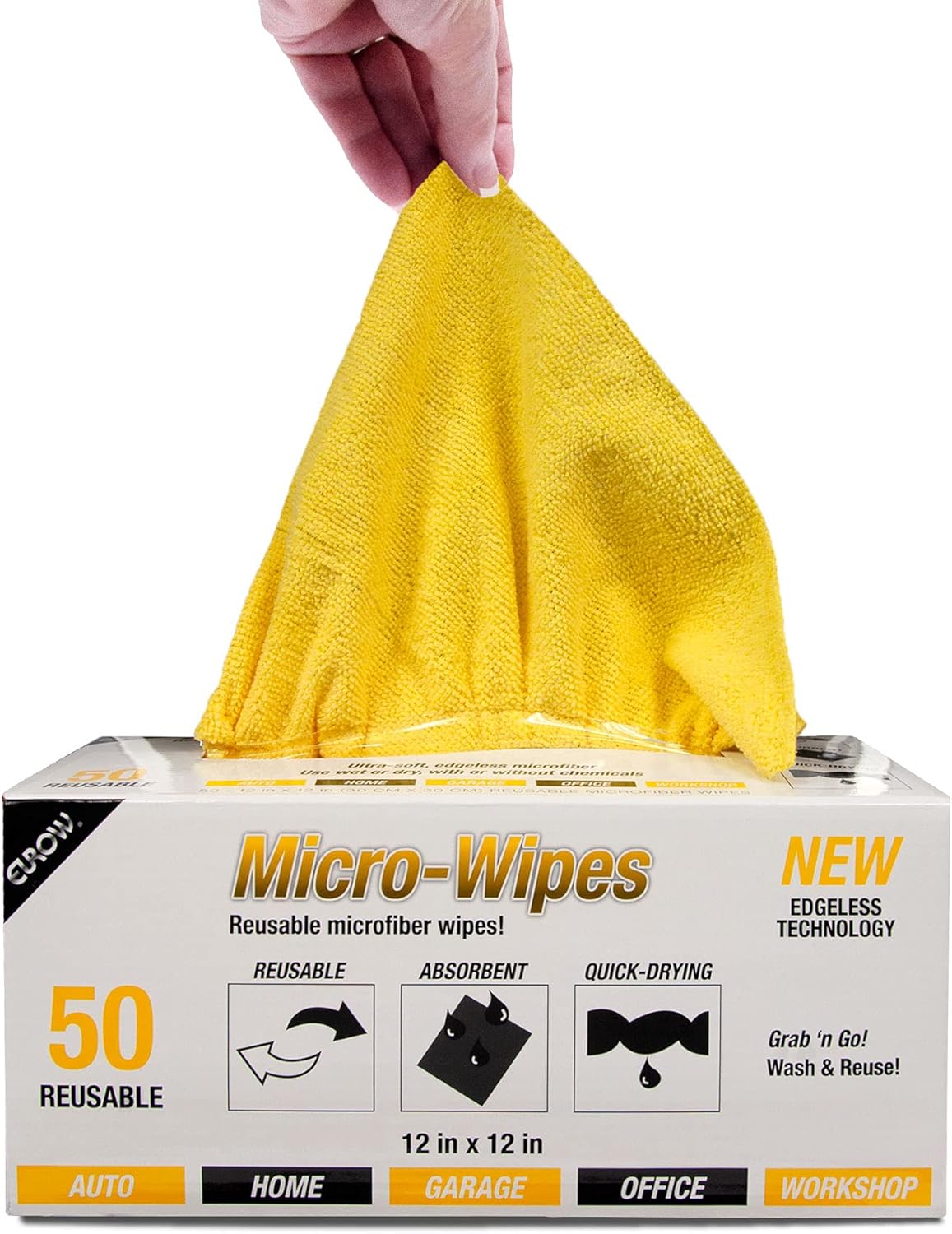 200GSM Microfiber Cleaning and Drying Cloths with Dispenser Box, Reusable, Streak-Free, Scratch-Free, Ultra Absorbent, Edgeless for All Surface Types, 12x12in, 50-Pack, Yellow
