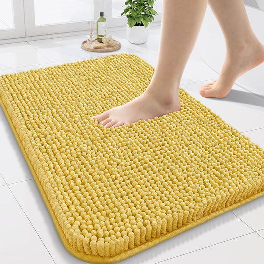 Bathroom Rugs 24x16, Extra Soft Absorbent Shaggy Chenille Bath Rugs, Machine Washable Rubber Backing Bath Mats for Bathroom Floor Tub and Shower, Home Decor Accessories, Yellow