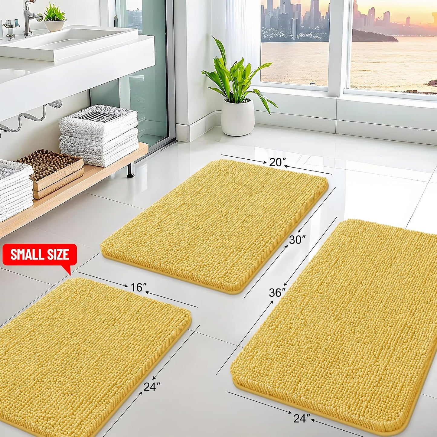 Bathroom Rugs 24x16, Extra Soft Absorbent Shaggy Chenille Bath Rugs, Machine Washable Rubber Backing Bath Mats for Bathroom Floor Tub and Shower, Home Decor Accessories, Yellow