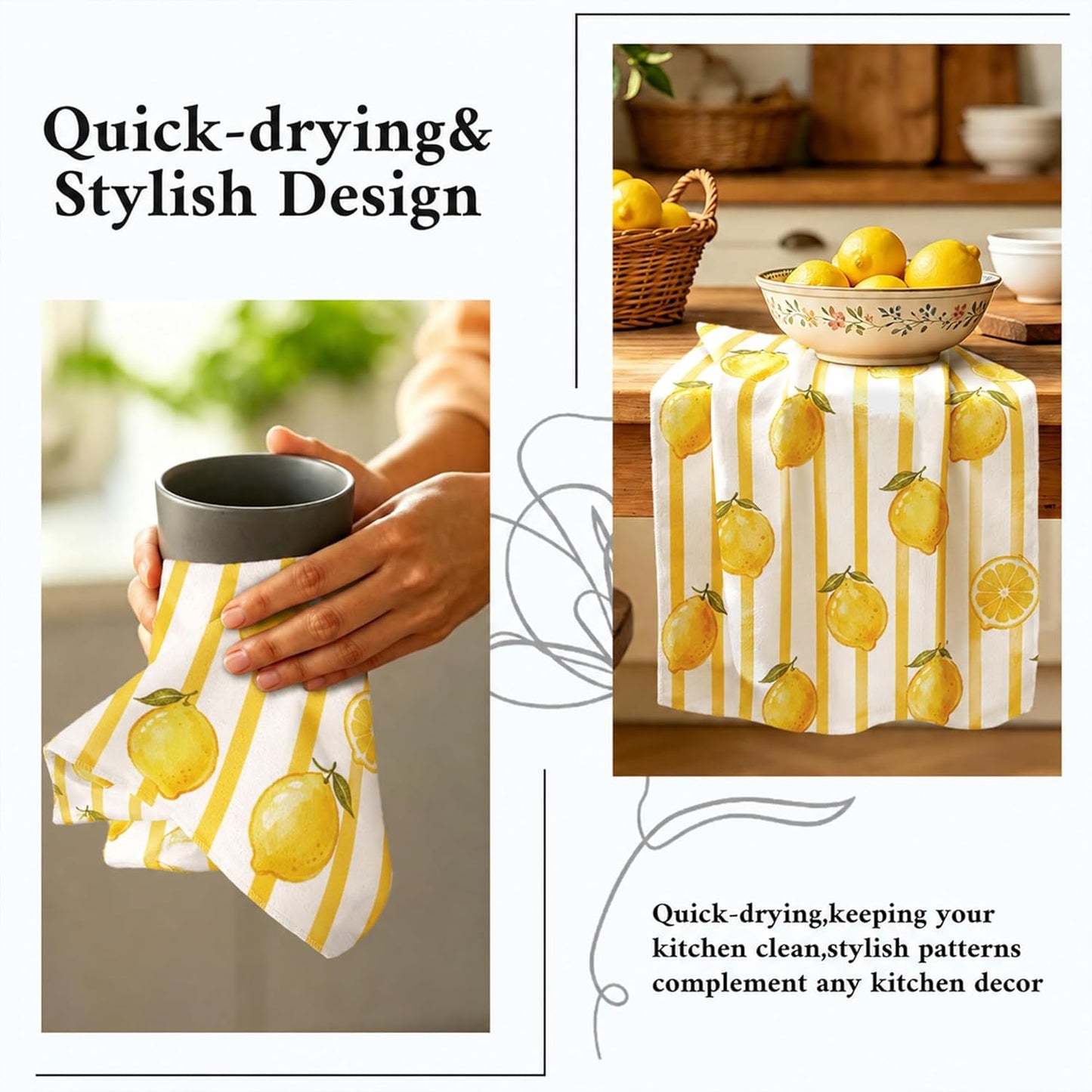 Kitchen Towels Dish Towel 18x26 Inch Retro Lemon Kitchen Towel Absorbent Reusable Farmhouse Tea Towel Decorative for Cleaning Cute Home Decor Set of 2