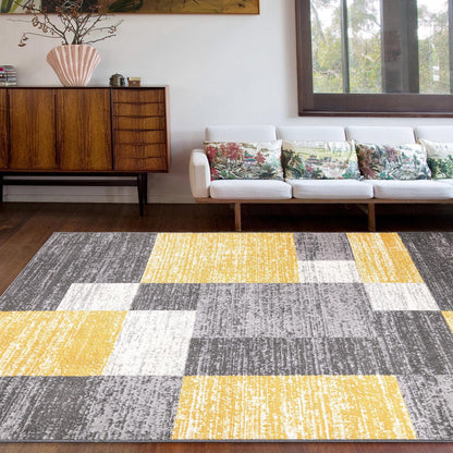 Oslo Modern Yellow Area Rug, Geometric Boxes Design, Non-Shedding Carpet for Living Room or Bedroom, 5' x 7'
