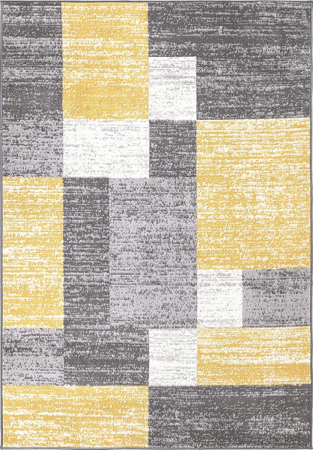 Oslo Modern Yellow Area Rug, Geometric Boxes Design, Non-Shedding Carpet for Living Room or Bedroom, 5' x 7'