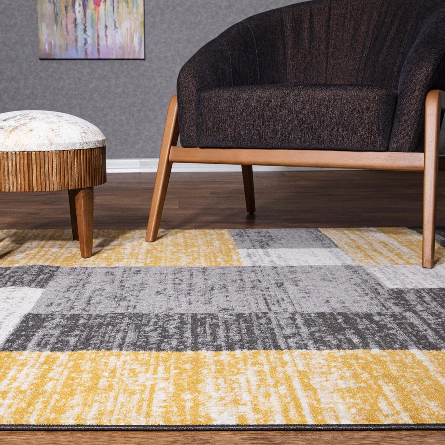 Oslo Modern Yellow Area Rug, Geometric Boxes Design, Non-Shedding Carpet for Living Room or Bedroom, 5' x 7'