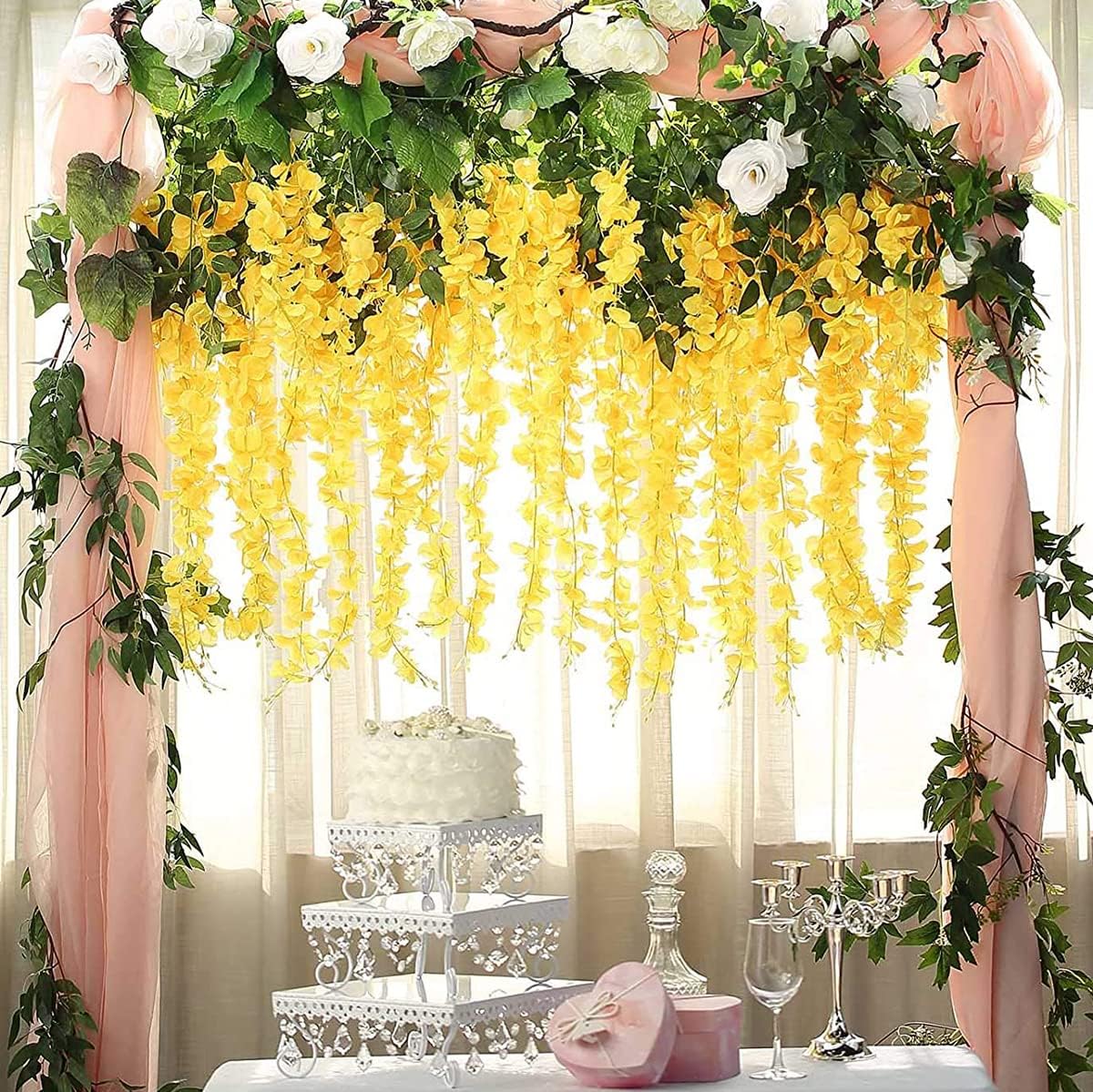 40 Pack Wisteria Flower Vines Garland, 3.75 Feet Artificial Flower Strings, Fake Hanging Flowers, Silk Wisteria Garland Flowers, Wisteria Vine for Wedding, Garden, Wall Decoration (Yellow)