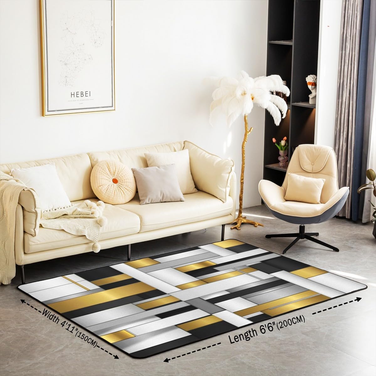 Abstract Area Rug 5x7 Modern Abstract Art Rugs Mat for Living Room Bedroom Golden Yellow Grey Pattern Decor Carpet Non Slip Area Runner Rug