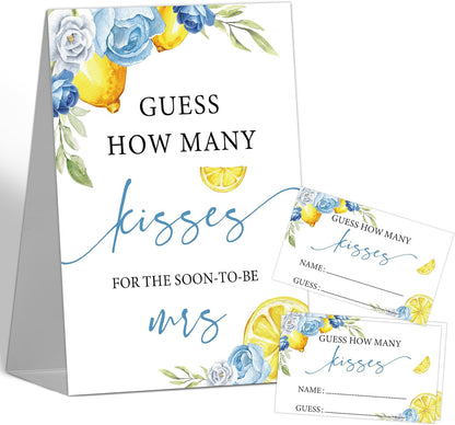 Blue Floral Lemon Bridal Shower Decorations - How Many Kisses Bridal Shower Game, 1 Sign and 50 How Many Cards for Bachelorette Engagement Wedding Shower Decorations, 50 Guests