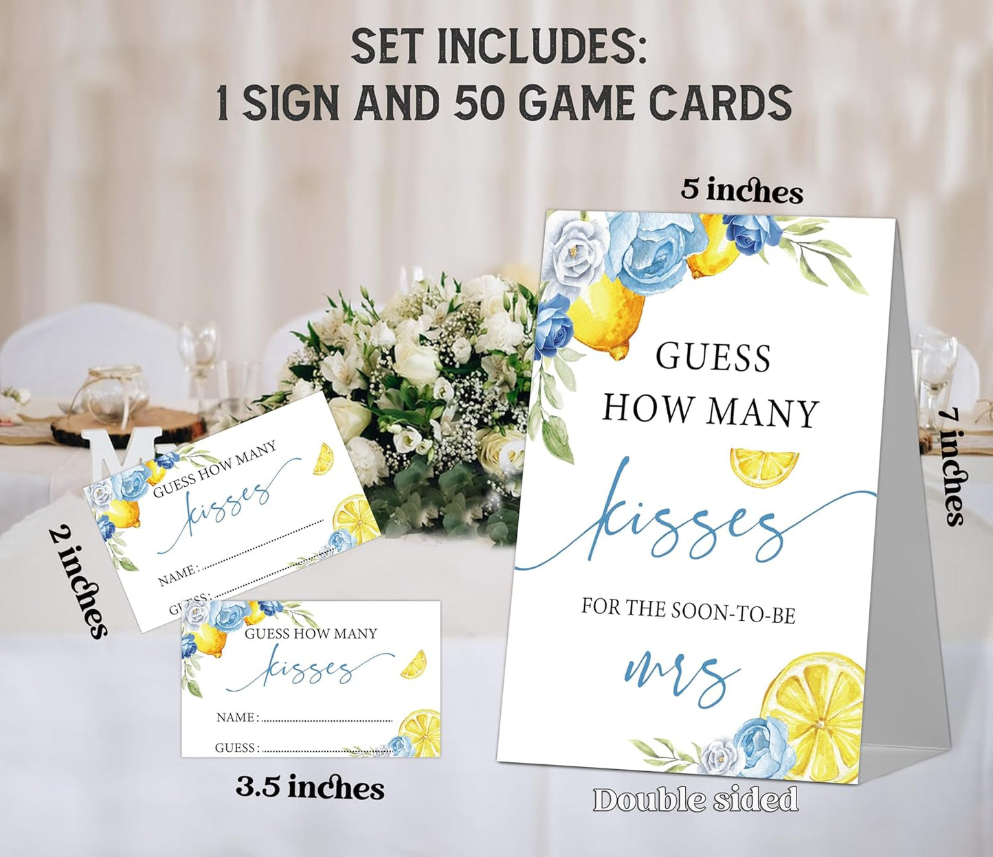 Blue Floral Lemon Bridal Shower Decorations - How Many Kisses Bridal Shower Game, 1 Sign and 50 How Many Cards for Bachelorette Engagement Wedding Shower Decorations, 50 Guests
