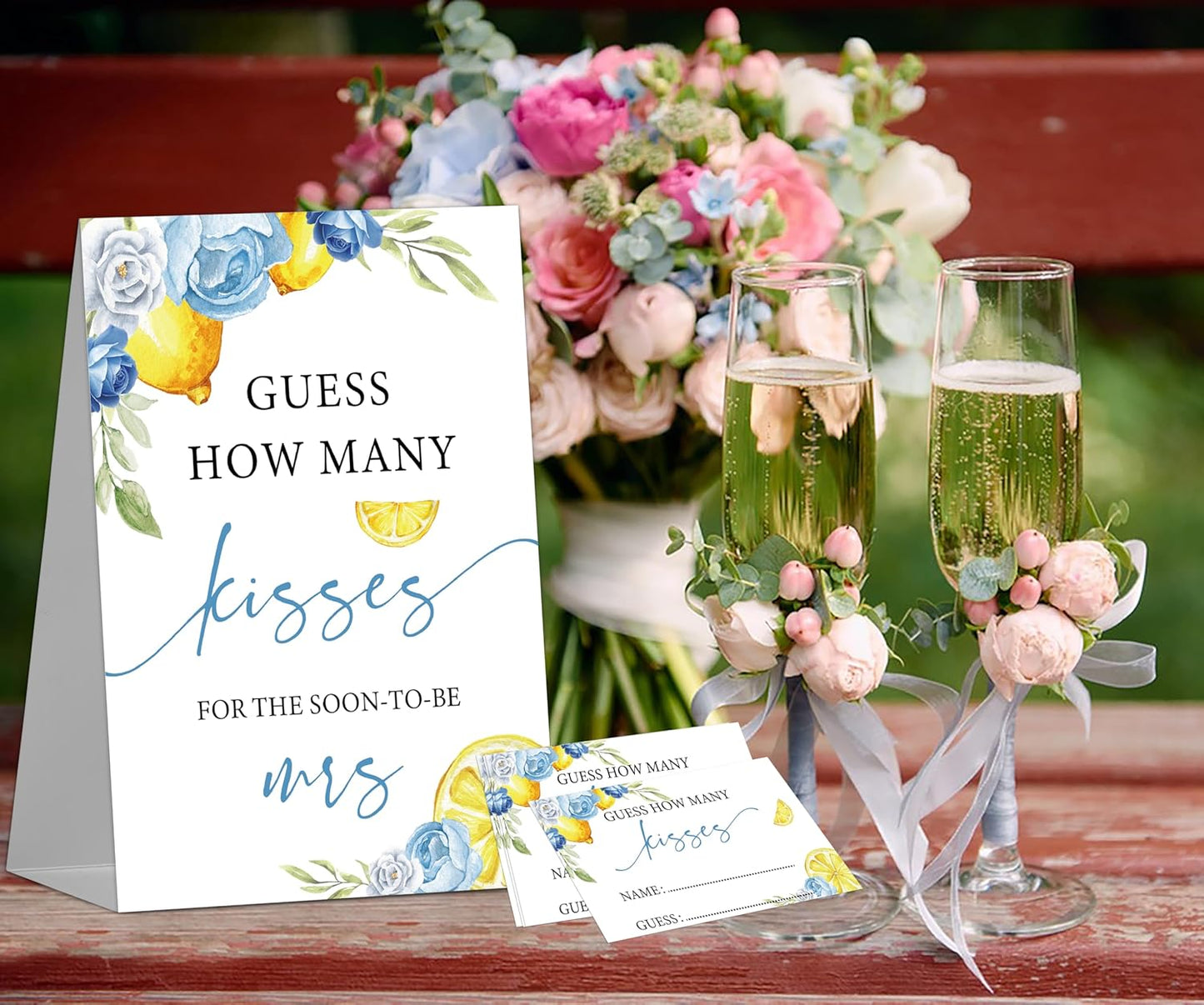 Blue Floral Lemon Bridal Shower Decorations - How Many Kisses Bridal Shower Game, 1 Sign and 50 How Many Cards for Bachelorette Engagement Wedding Shower Decorations, 50 Guests