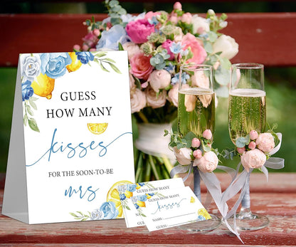 Blue Floral Lemon Bridal Shower Decorations - How Many Kisses Bridal Shower Game, 1 Sign and 50 How Many Cards for Bachelorette Engagement Wedding Shower Decorations, 50 Guests