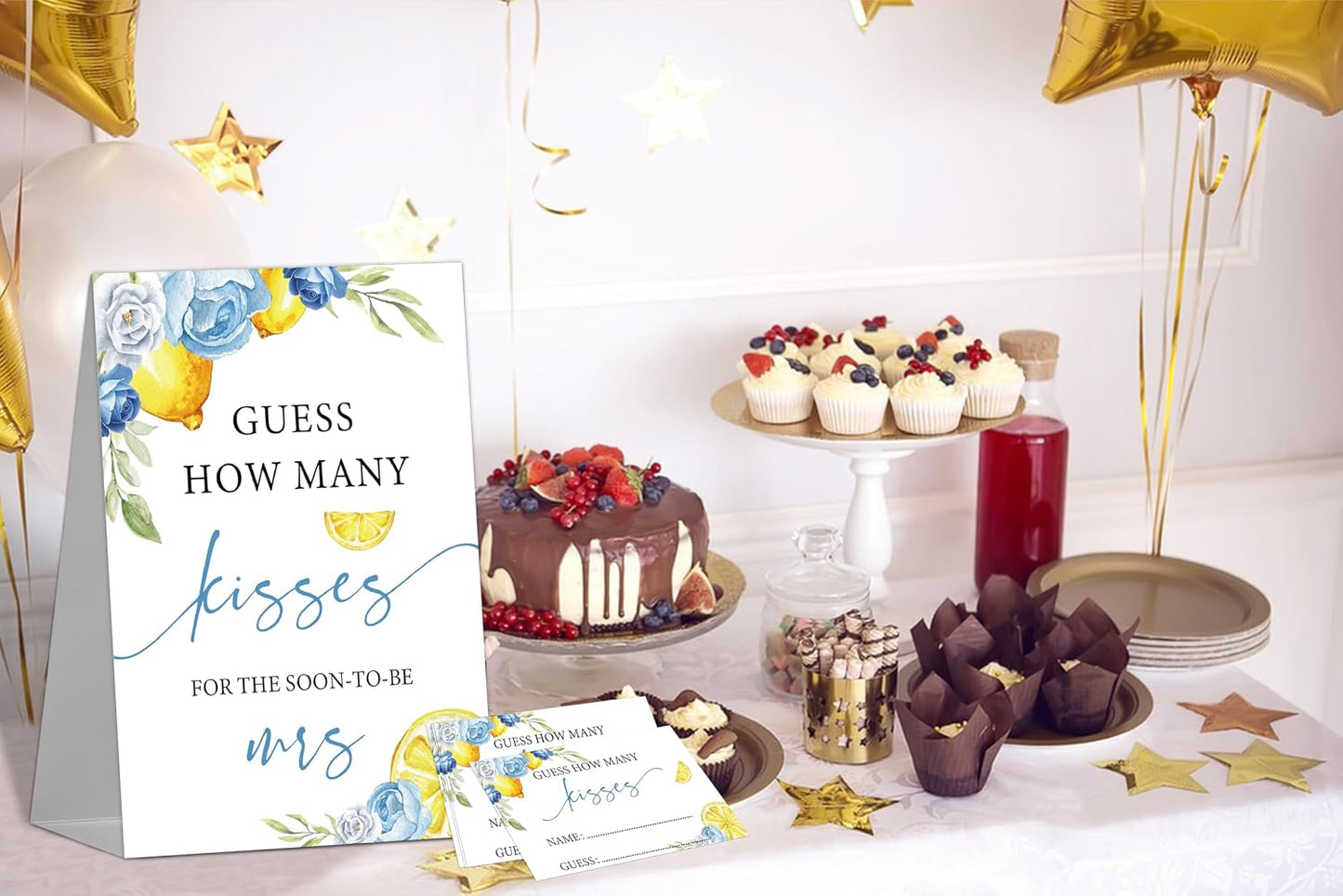 Blue Floral Lemon Bridal Shower Decorations - How Many Kisses Bridal Shower Game, 1 Sign and 50 How Many Cards for Bachelorette Engagement Wedding Shower Decorations, 50 Guests
